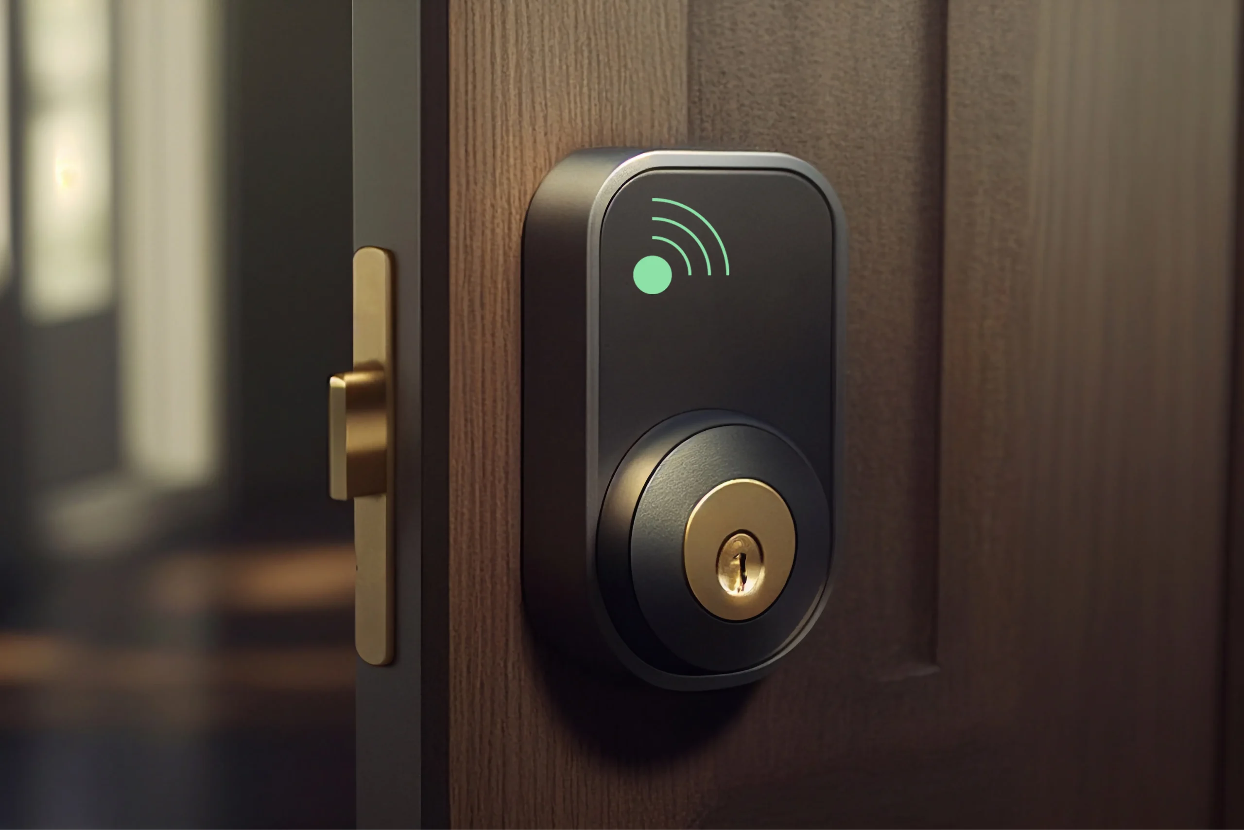 hero shot with smart doorbell and lock button on grey background ai photo 1